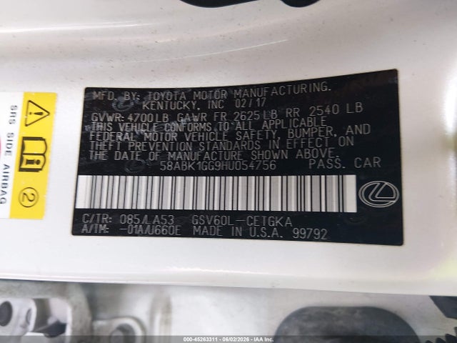 Продаж на аукціоні авто 2017 Lexus Es 350, vin: 58ABK1GG9HU054756, номер лоту: 45263311