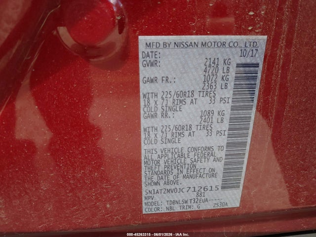 Продажа на аукционе авто 2018 Nissan Rogue Sl, vin: 5N1AT2MV0JC712615, номер лота: 45263315