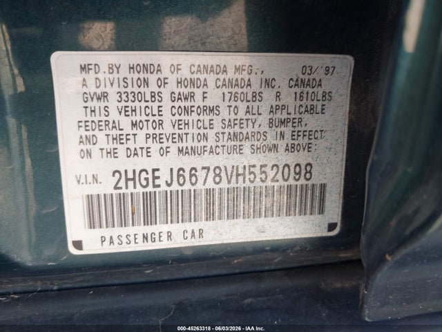 45263318 :رقم المزاد ، 2HGEJ6678VH552098 vin ، 1997 Honda Civic Lx مزاد بيع