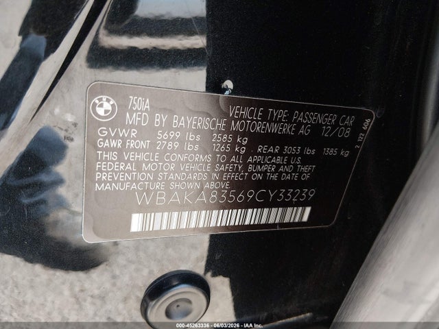 Продаж на аукціоні авто 2009 Bmw 750i, vin: WBAKA83569CY33239, номер лоту: 45263336
