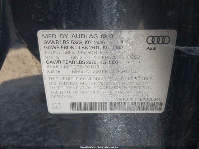 45263347 :رقم المزاد ، WA1CFAFP1EA036846 vin ، 2014 Audi Q5 2.0t Premium مزاد بيع