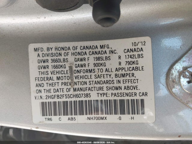 Aukcja sprzedaży 2012 Honda Civic Lx, vin: 2HGFB2F55CH607385, numer aukcji: 45263348