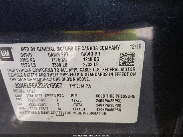 45263355 :رقم المزاد ، 2GNFLFEK2G6215967 vin ، 2016 Chevrolet Equinox Lt مزاد بيع