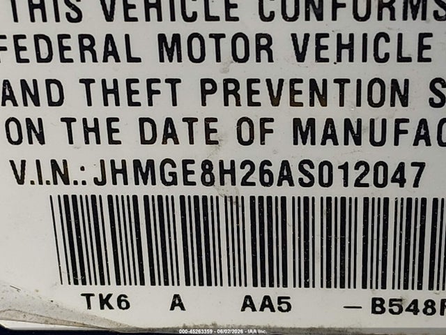 45263359 :رقم المزاد ، JHMGE8H26AS012047 vin ، 2010 Honda Fit مزاد بيع
