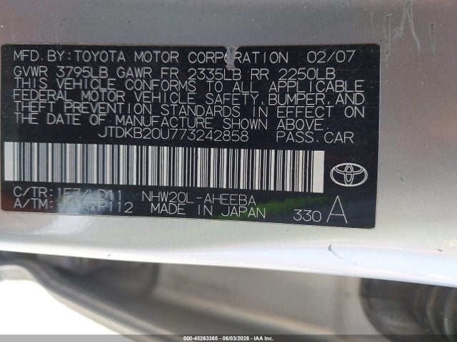 Продажа на аукционе авто 2007 Toyota Prius, vin: JTDKB20U773242858, номер лота: 45263365