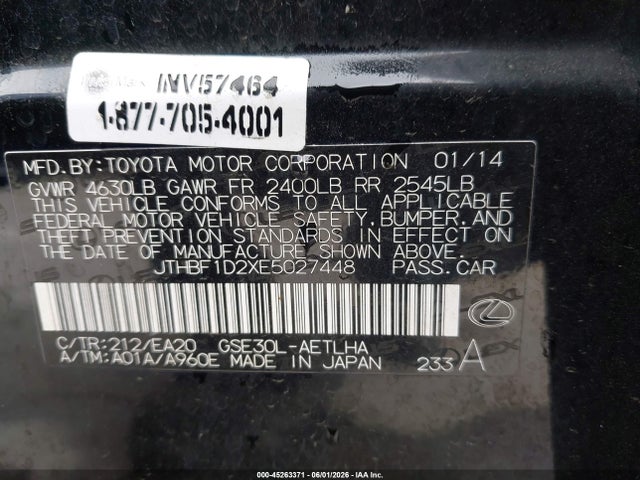 Aukcja sprzedaży 2014 Lexus Is 250, vin: JTHBF1D2XE5027448, numer aukcji: 45263371