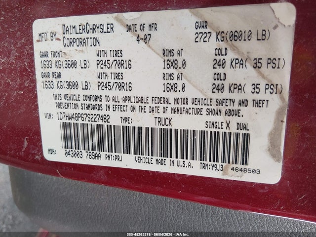 45263376 :رقم المزاد ، 1D7HW48P67S227482 vin ، 2007 Dodge Dakota Slt مزاد بيع