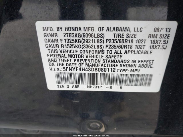 Aukcja sprzedaży 2013 Honda Pilot Ex, vin: 5FNYF4H43DB080112, numer aukcji: 45263398