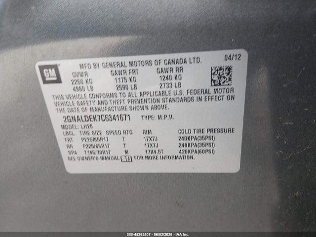 Auction sale of the 2012 Chevrolet Equinox 1lt, vin: 2GNALDEK7C6341671, lot number: 45263407