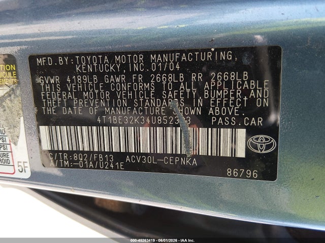 45263419 :رقم المزاد ، 4T1BE32K34U852363 vin ، 2004 Toyota Camry Le مزاد بيع
