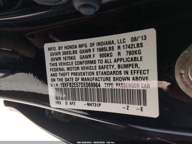 Продажа на аукционе авто 2013 Honda Civic Lx, vin: 19XFB2E57DE069964, номер лота: 45263423