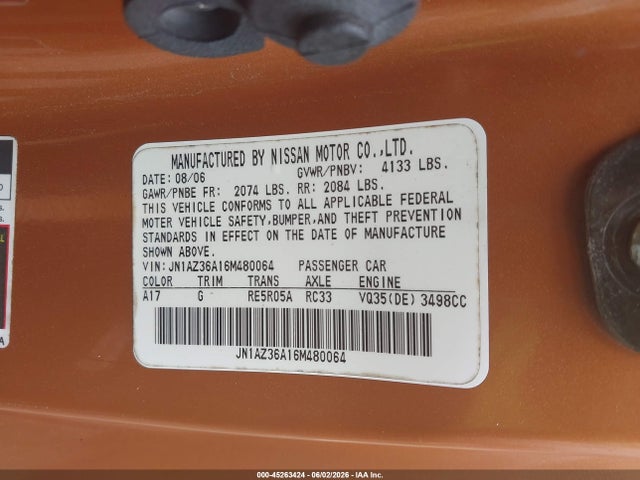 Aukcja sprzedaży 2006 Nissan 350z Touring, vin: JN1AZ36A16M480064, numer aukcji: 45263424