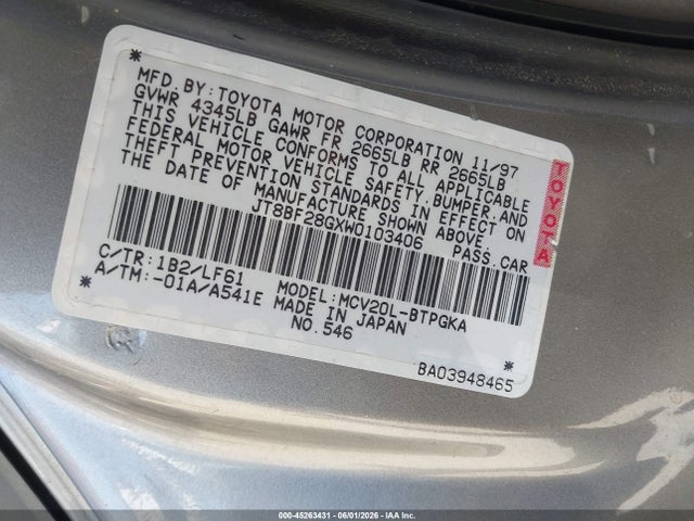 Aukcja sprzedaży 1998 Lexus Es 300, vin: JT8BF28GXW0103406, numer aukcji: 45263431
