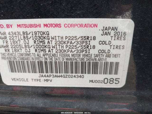 45263438 :رقم المزاد ، JA4AP3AW4GZ024340 vin ، 2016 Mitsubishi Outlander Sport 2.4 Es/2.4 Se مزاد بيع