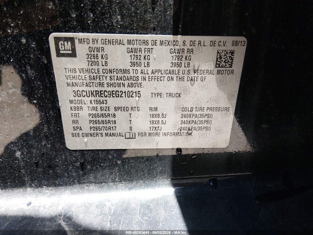 Продаж на аукціоні авто 2014 Chevrolet Silverado 1500 2lt, vin: 3GCUKREC9EG210215, номер лоту: 45263445