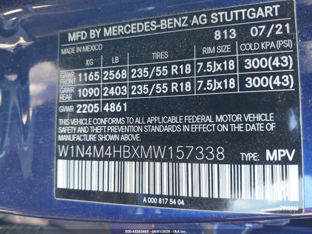 Aukcja sprzedaży 2021 Mercedes-benz Glb 250 4matic, vin: W1N4M4HBXMW157338, numer aukcji: 45263465