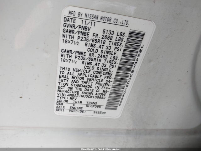 Продажа на аукционе авто 2012 Nissan Murano Sl, vin: JN8AZ1MU0CW106659, номер лота: 45263472