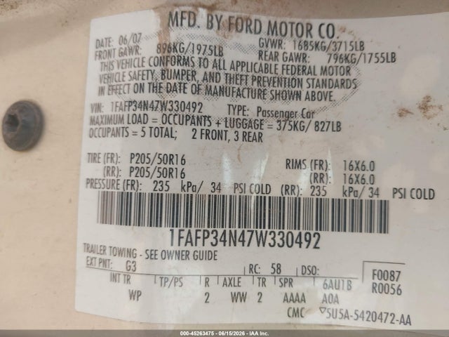 Aukcja sprzedaży 2007 Ford Focus S/se/ses, vin: 1FAFP34N47W330492, numer aukcji: 45263475