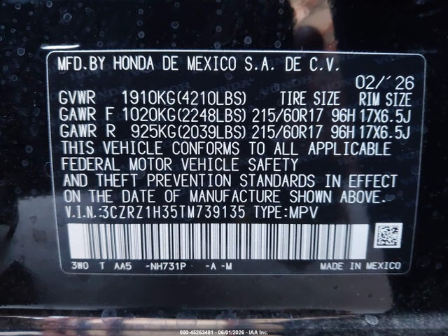 Продажа на аукционе авто 2026 Honda Hr-v 2wd Lx, vin: 3CZRZ1H35TM739135, номер лота: 45263481