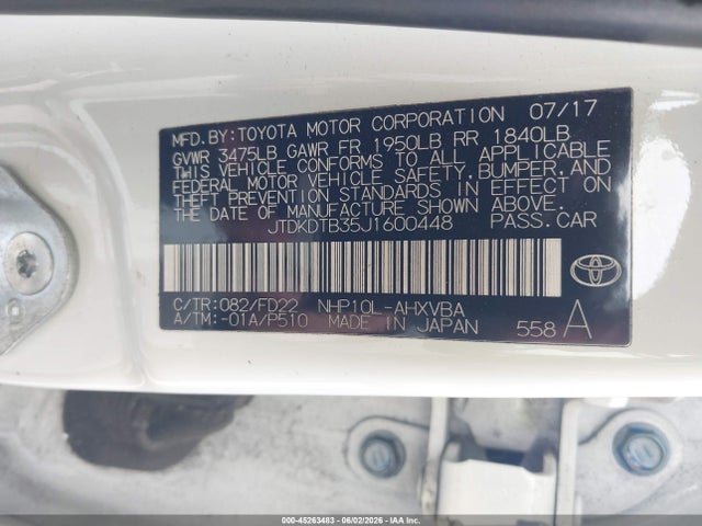 Продажа на аукционе авто 2018 Toyota Prius C One, vin: JTDKDTB35J1600448, номер лота: 45263483