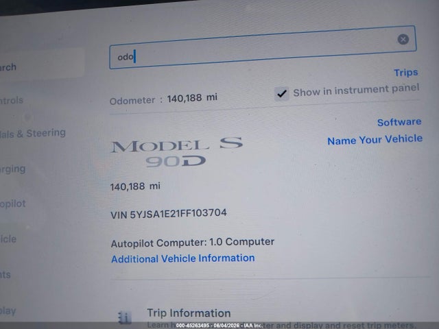 2015 Tesla Model S 70d/85d/p85d მანქანა იყიდება აუქციონზე, vin: 5YJSA1E21FF103704, აუქციონის ნომერი: 45263495
