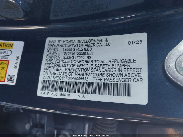 45263501 :رقم المزاد ، 1HGCY1F38PA005532 vin ، 2023 Honda Accord Ex مزاد بيع