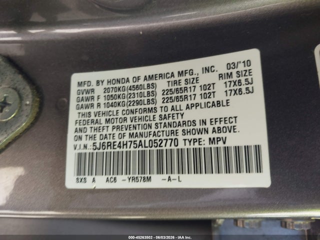 Aukcja sprzedaży 2010 Honda Cr-v Ex-l, vin: 5J6RE4H75AL052770, numer aukcji: 45263502