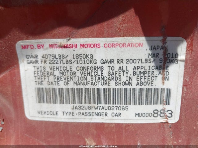 Продажа на аукционе авто 2010 Mitsubishi Lancer Gts, vin: JA32U8FW7AU027065, номер лота: 45263503