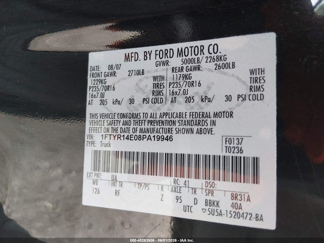 Продажа на аукционе авто 2008 Ford Ranger Sport/xl/xlt, vin: 1FTYR14E08PA19946, номер лота: 45263506