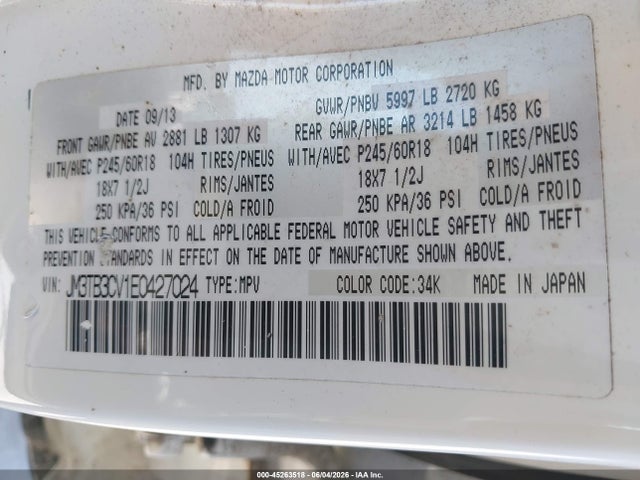 Aukcja sprzedaży 2014 Mazda Cx-9 Touring, vin: JM3TB3CV1E0427024, numer aukcji: 45263518