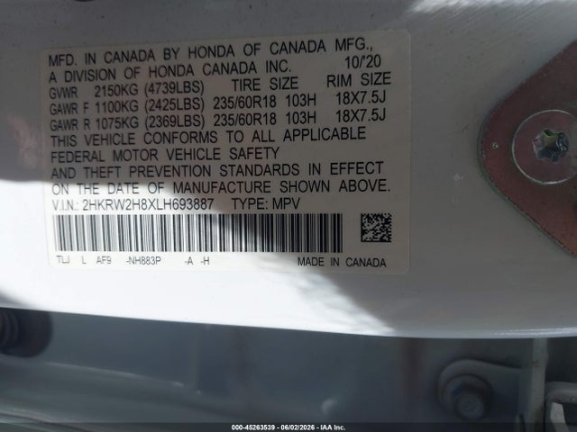 Aukcja sprzedaży 2020 Honda Cr-v Awd Ex-l, vin: 2HKRW2H8XLH693887, numer aukcji: 45263539