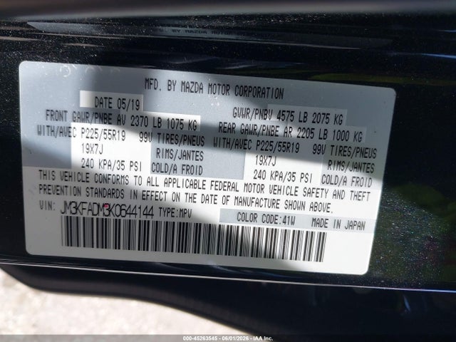 Aukcja sprzedaży 2019 Mazda Cx-5 Grand Touring, vin: JM3KFADM3K0644144, numer aukcji: 45263545
