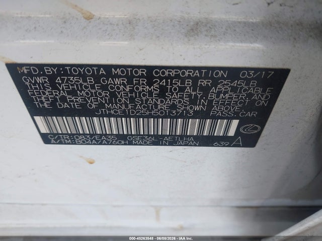 Aukcja sprzedaży 2017 Lexus Is 350, vin: JTHCE1D25H5013713, numer aukcji: 45263548