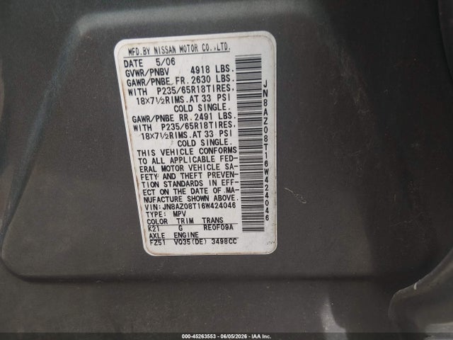 Aukcja sprzedaży 2006 Nissan Murano Sl, vin: JN8AZ08T16W424046, numer aukcji: 45263553
