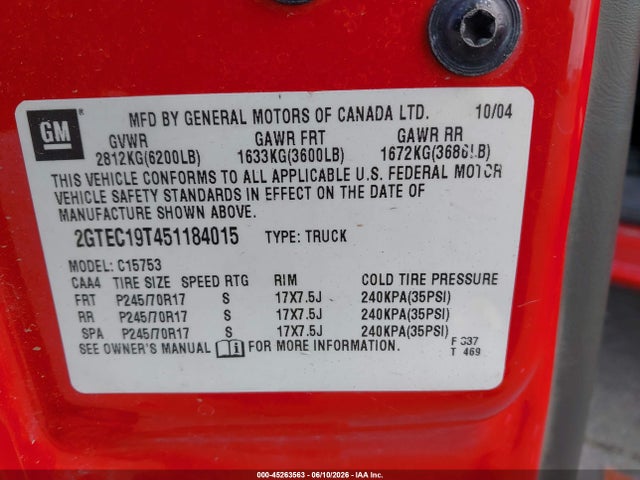 Продаж на аукціоні авто 2005 Gmc Sierra 1500 Sle, vin: 2GTEC19T451184015, номер лоту: 45263563