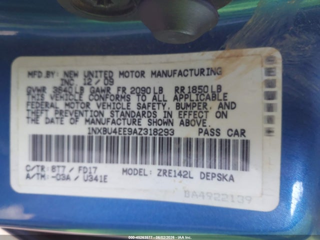 Aukcja sprzedaży 2010 Toyota Corolla S, vin: 1NXBU4EE9AZ318293, numer aukcji: 45263577