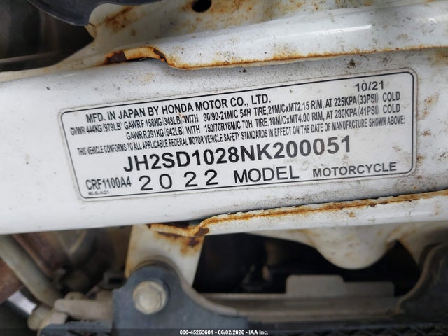 Aukcja sprzedaży 2022 Honda Crf1100 A4, vin: JH2SD1028NK200051, numer aukcji: 45263601