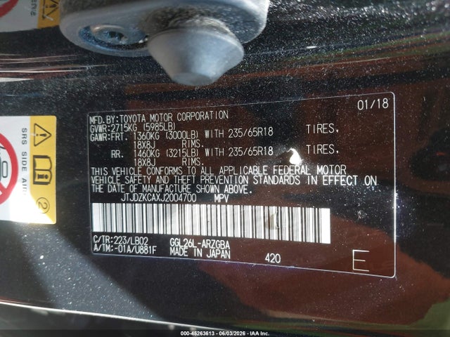 45263613 :رقم المزاد ، JTJDZKCAXJ2004700 vin ، 2018 Lexus Rx 350l Premium مزاد بيع