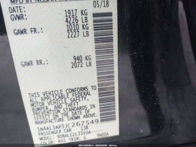 2018 Nissan Altima 2.5 Sv მანქანა იყიდება აუქციონზე, vin: 1N4AL3AP3JC267549, აუქციონის ნომერი: 45263614