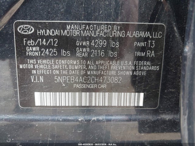 Aukcja sprzedaży 2012 Hyundai Sonata Gls, vin: 5NPEB4AC2CH473082, numer aukcji: 45263620