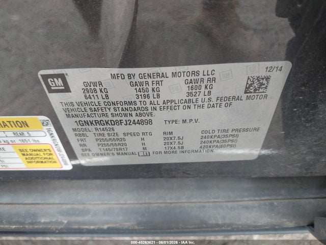 45263621 :رقم المزاد ، 1GNKRGKD8FJ244898 vin ، 2015 Chevrolet Traverse 1lt مزاد بيع