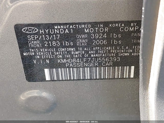Aukcja sprzedaży 2018 Hyundai Elantra Value Edition, vin: KMHD84LF7JU556393, numer aukcji: 45263627