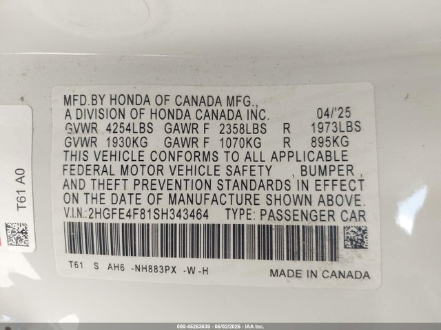 45263639 :رقم المزاد ، 2HGFE4F81SH343464 vin ، 2025 Honda Civic Hybrid Sport/sport Touring مزاد بيع