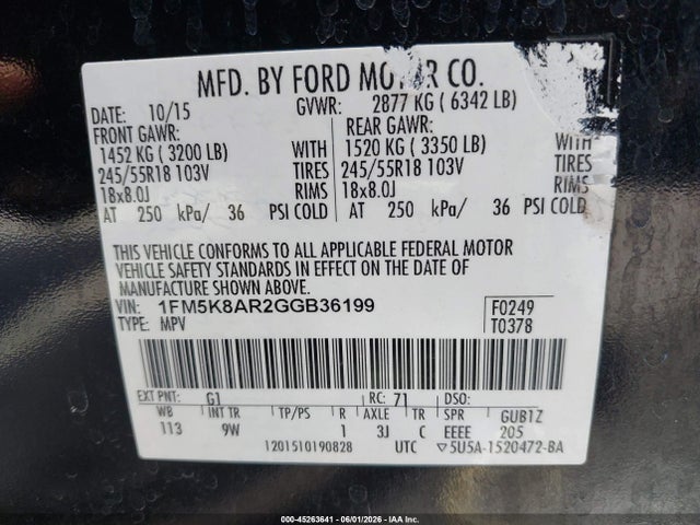 45263641 :رقم المزاد ، 1FM5K8AR2GGB36199 vin ، 2016 Ford Utility Police Interceptor مزاد بيع