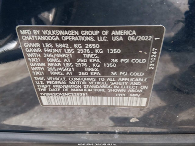 45263642 :رقم المزاد ، 1V2FE2CA2NC225391 vin ، 2022 Volkswagen Atlas Cross Sport 3.6l V6 Sel Premium R-line مزاد بيع