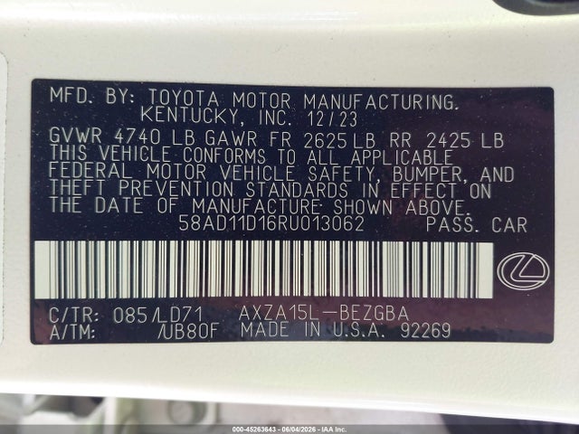 45263643 :رقم المزاد ، 58AD11D16RU013062 vin ، 2024 Lexus Es 250 مزاد بيع