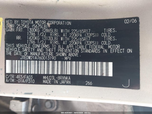 Aukcja sprzedaży 2006 Toyota Highlander Hybrid V6, vin: JTEDW21A760013190, numer aukcji: 45263651