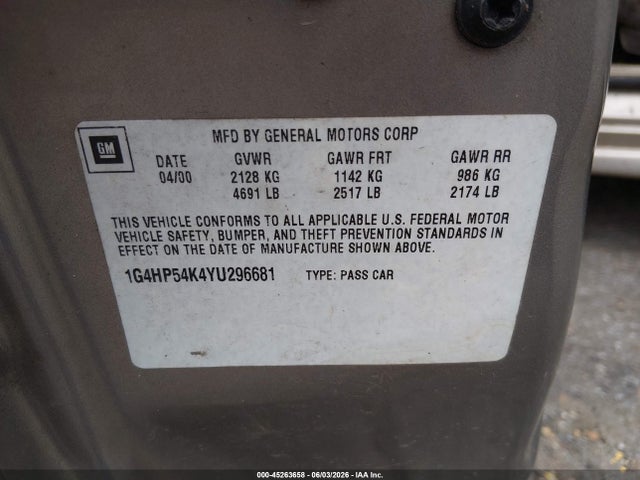 2000 Buick Lesabre Custom მანქანა იყიდება აუქციონზე, vin: 1G4HP54K4YU296681, აუქციონის ნომერი: 45263658