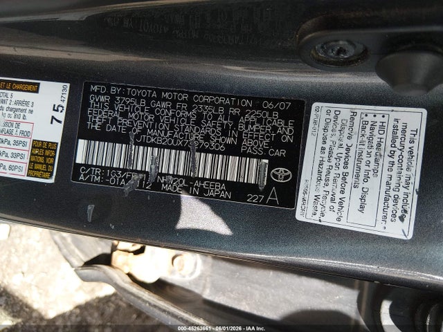 Aukcja sprzedaży 2007 Toyota Prius, vin: JTDKB20UX73279306, numer aukcji: 45263661