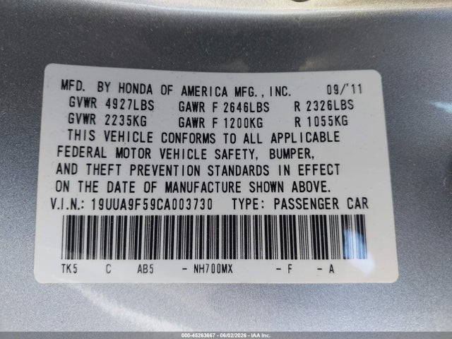 Aukcja sprzedaży 2012 Acura Tl 3.7, vin: 19UUA9F59CA003730, numer aukcji: 45263667